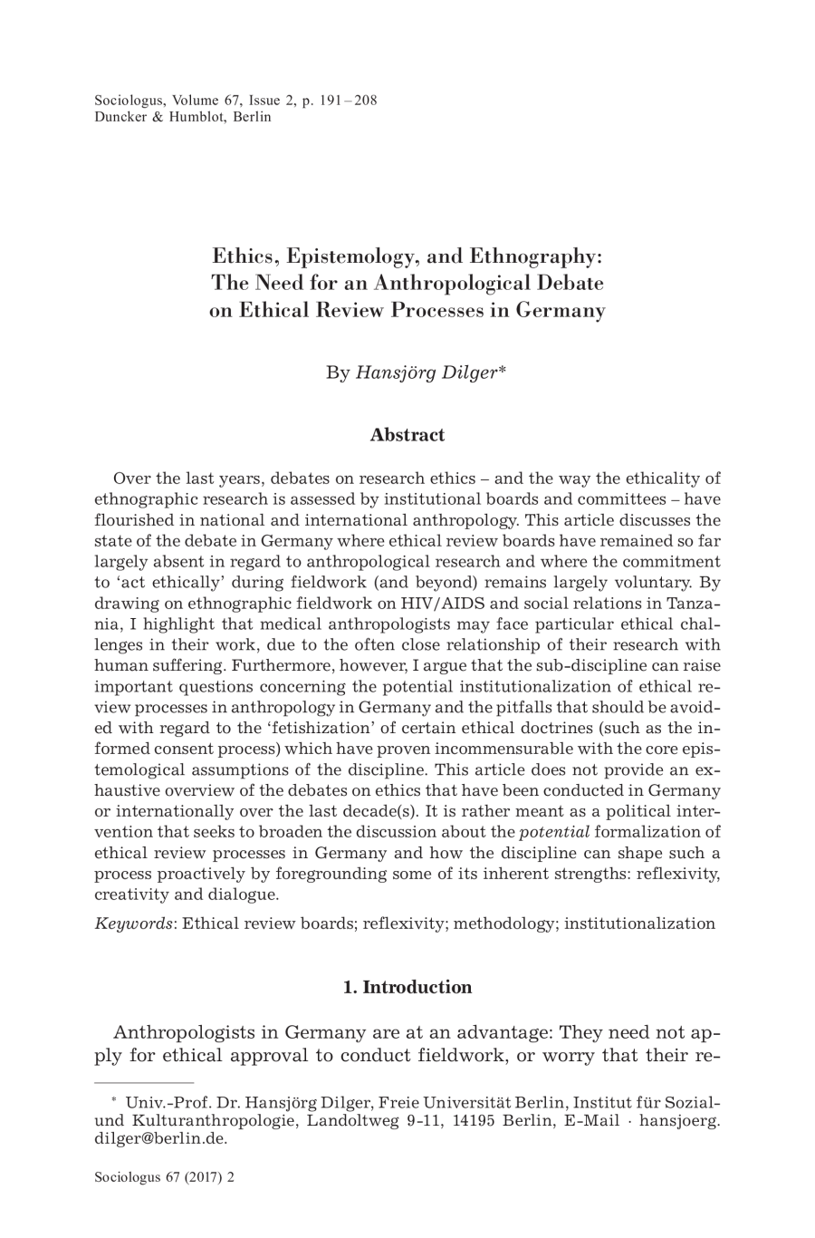Ethics, Epistemology and Ethnography: The Need for an Anthropological Debate on Ethical Review Processes in Germany
