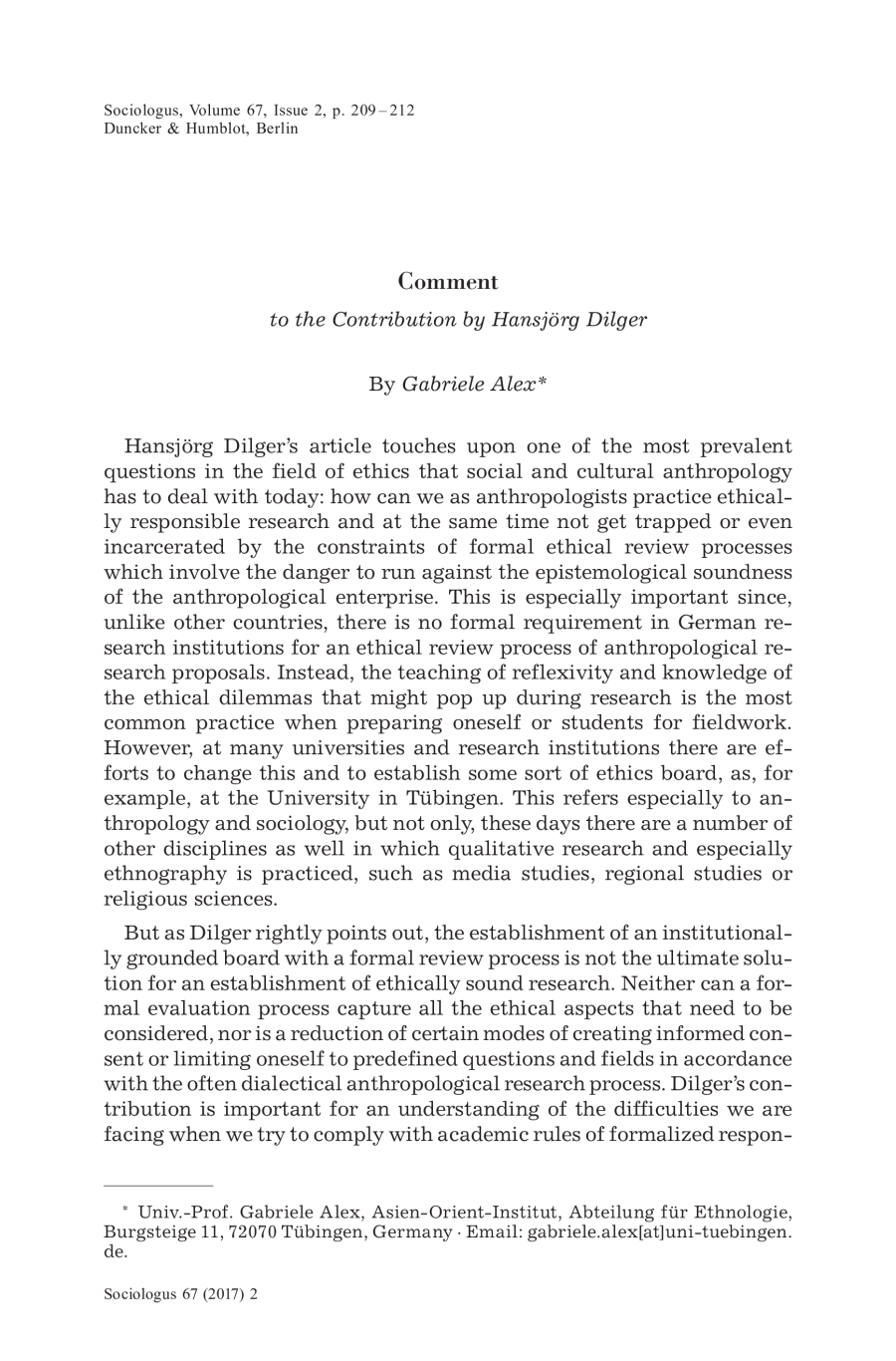 Comment to the Contribution by Hansjörg Dilger