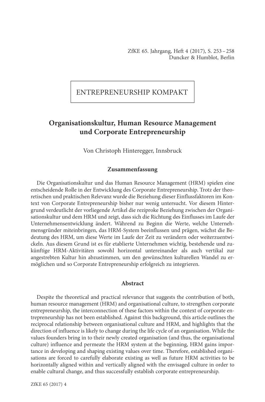 Organisationskultur, Human Resource Management und Corporate Entrepreneurship