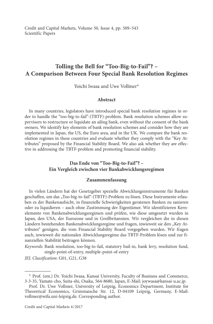 Tolling the Bell for „Too-Big-to-Fail"? – A Comparison Between Four Special Bank Resolution Regimes