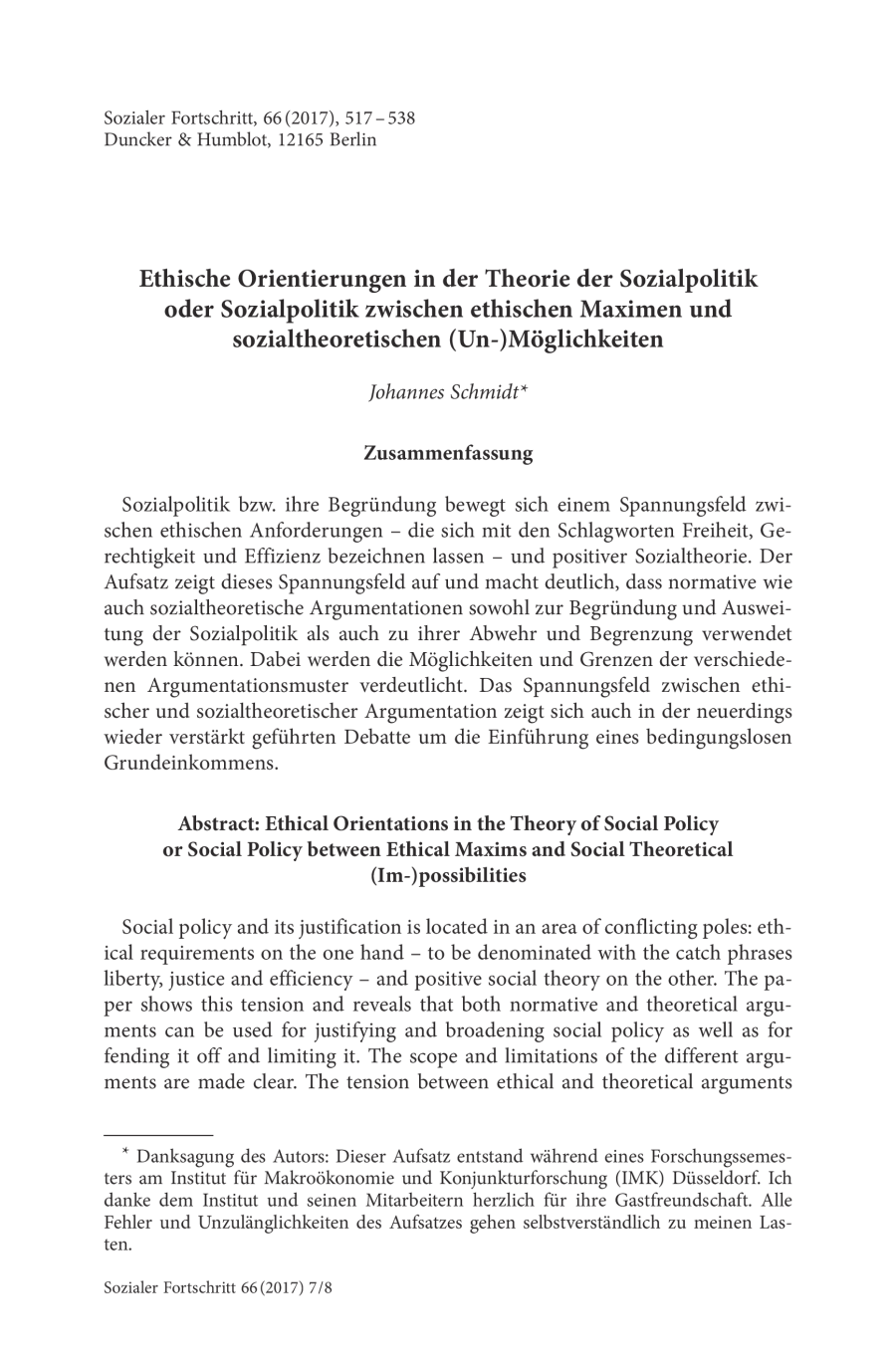 Ethische Orientierungen in der Theorie der Sozialpolitik oder Sozialpolitik zwischen ethischen Maximen und sozialtheoretischen (Un-)Möglichkeiten