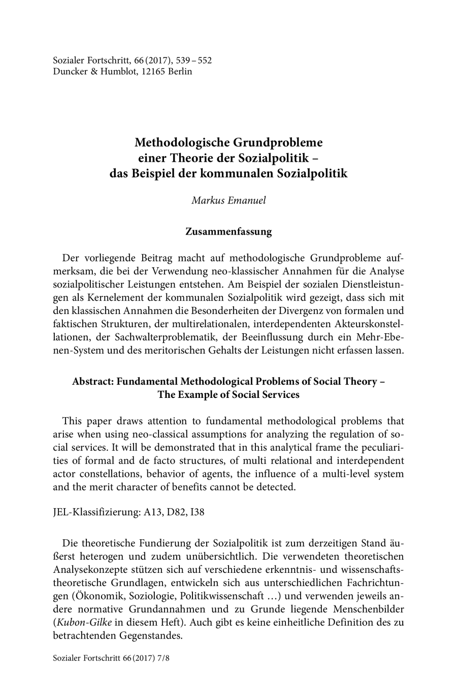 Methodologische Grundprobleme einer Theorie der Sozialpolitik – das Beispiel der kommunalen Sozialpolitik