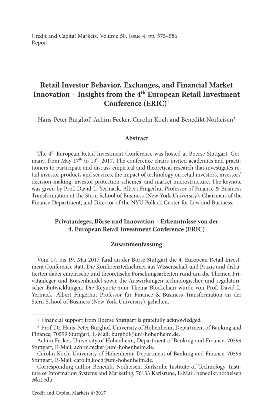 Retail Investor Behavior, Exchanges, and Financial Market Innovation - Insights from the 4th European Retail Investment Conference (ERIC)