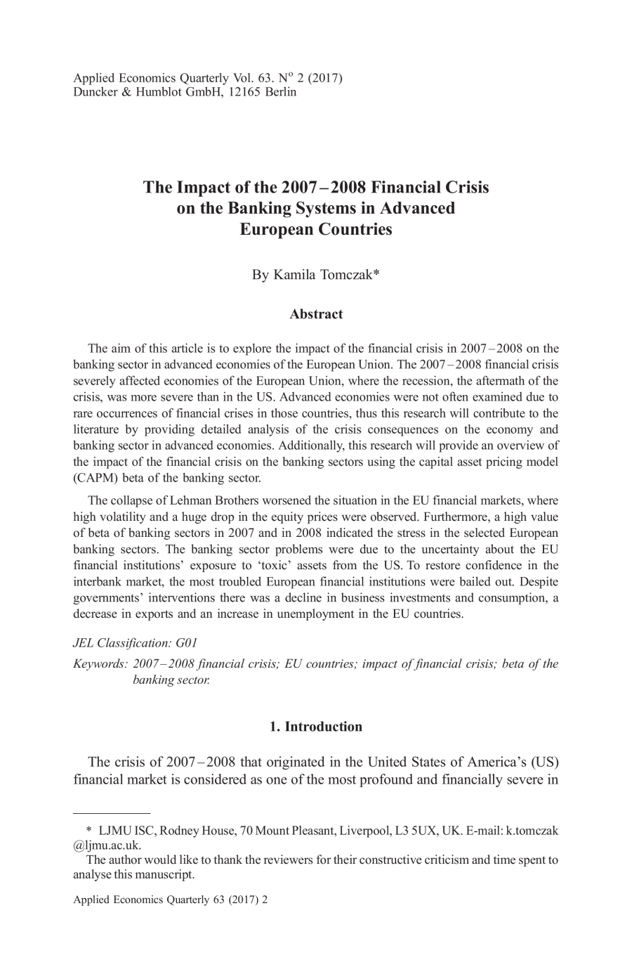 The Impact of the 2007–2008 Financial Crisis on the Banking Systems in Advanced European Countries