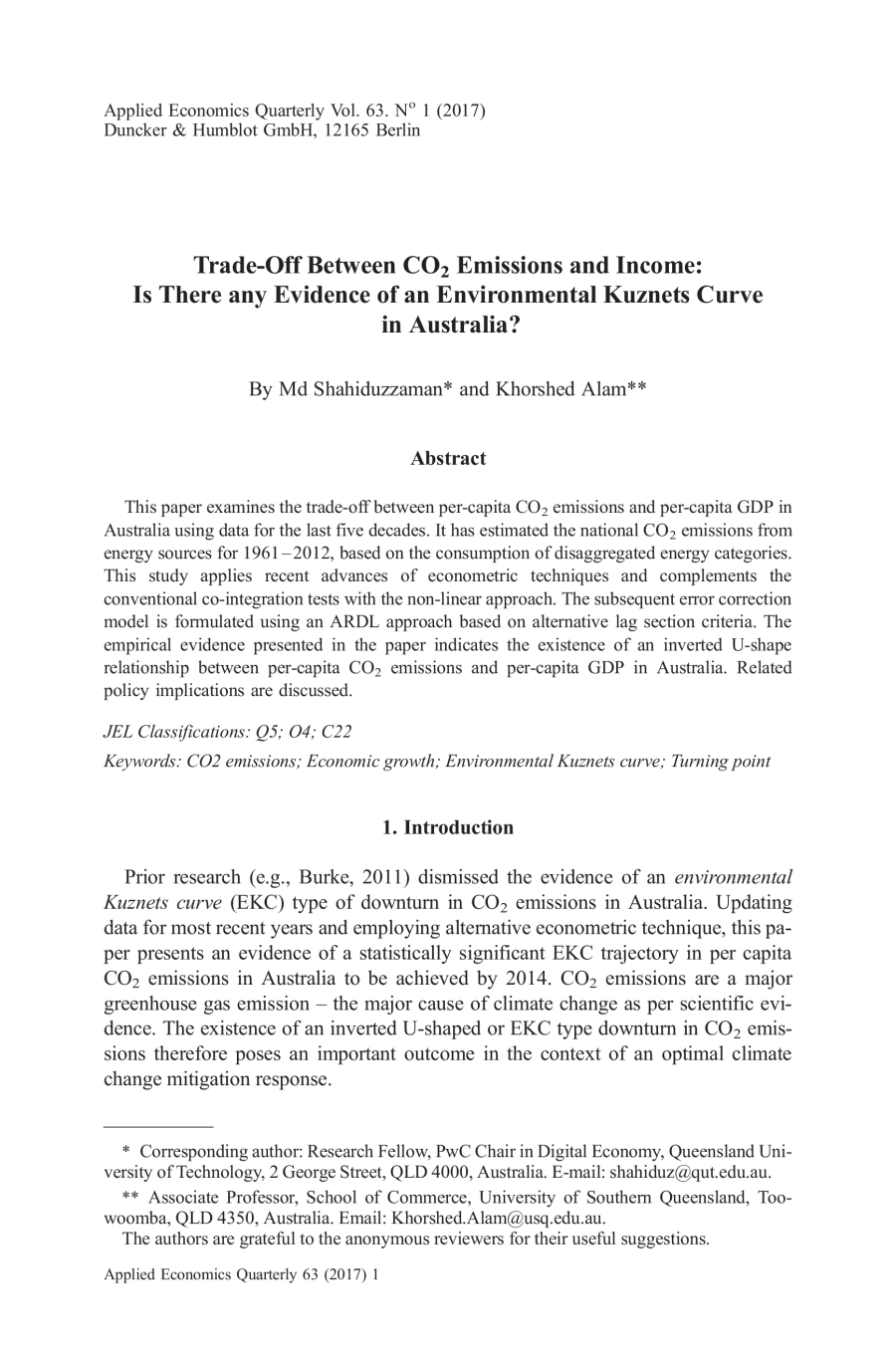 Trade-Off Between CO2 Emissions and Income: Is There any Evidence of an Environmental Kuznets Curve in Australia?