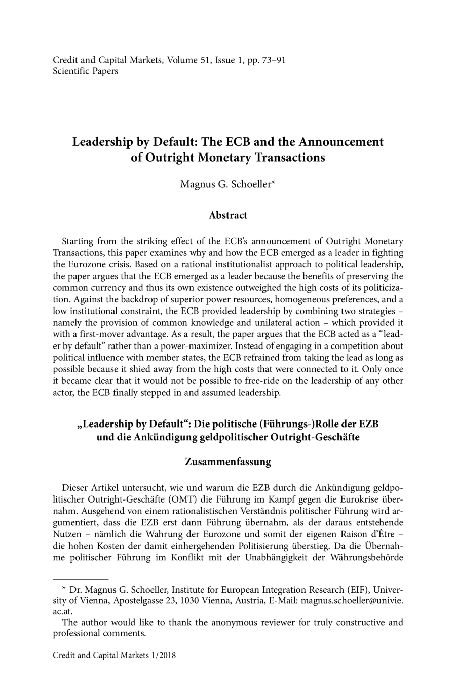 Leadership by Default: The ECB and the Announcement of Outright Monetary Transactions