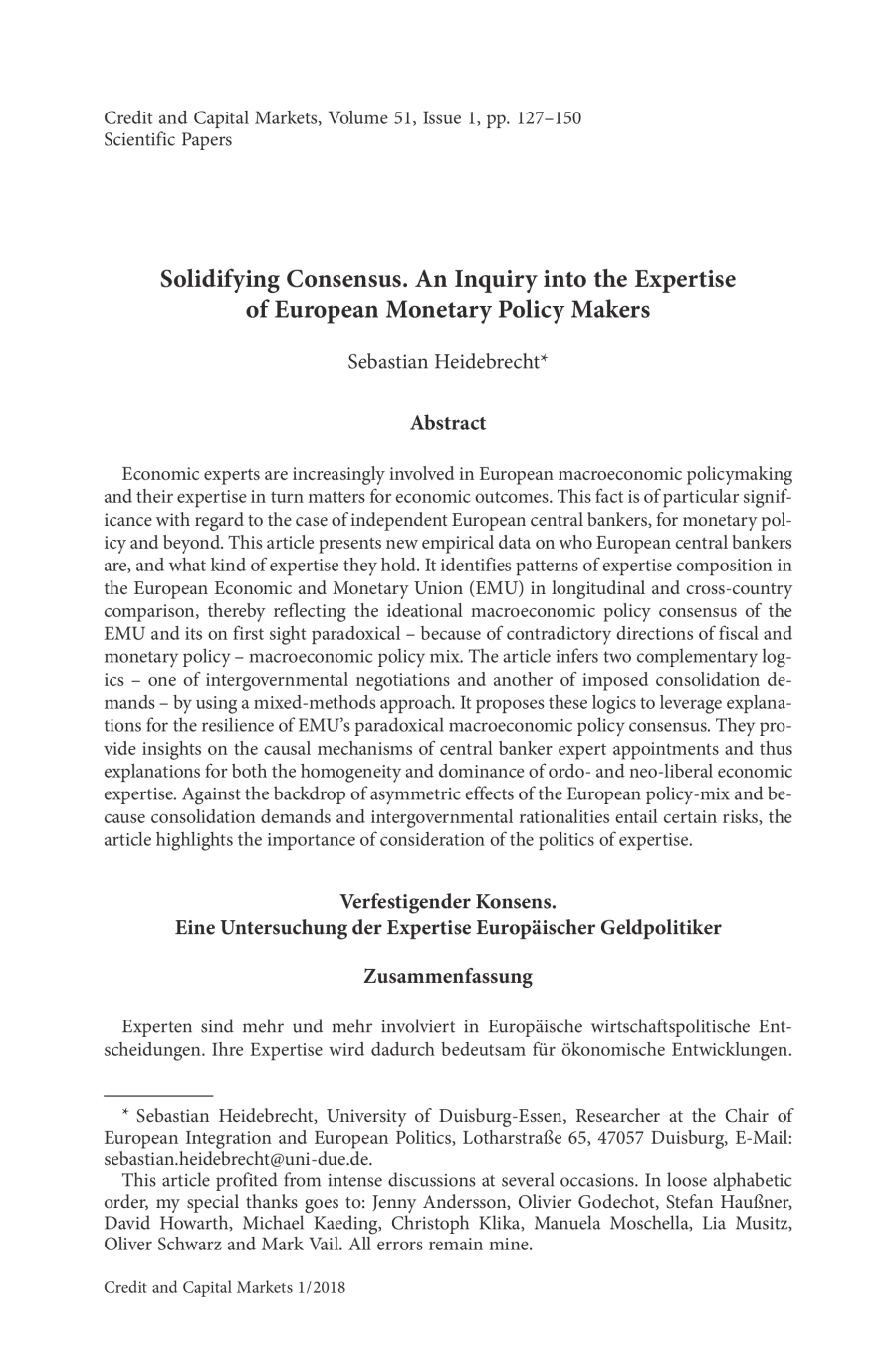 Solidifying Consensus. An Inquiry into the Expertise of European Monetary Policy Makers