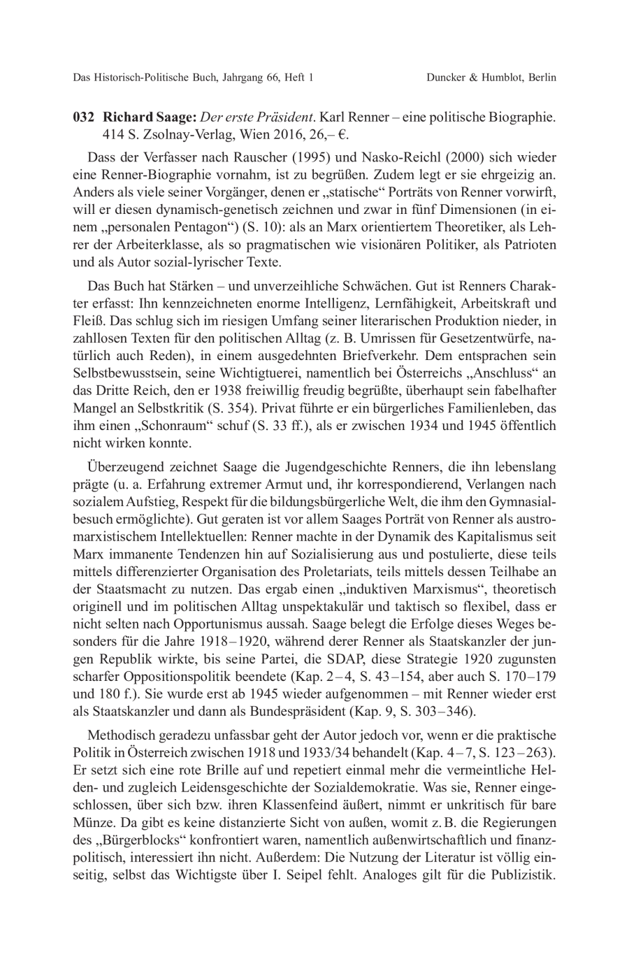 Richard Saage: Der erste Präsident. Karl Renner – eine politische Biographie