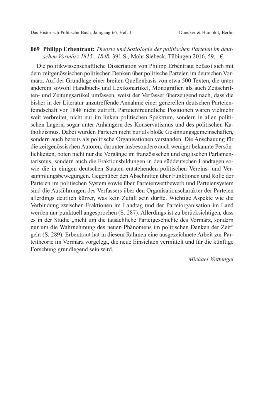 Philipp Erbentraut: Theorie und Soziologie der politischen Parteien im deutschen Vormärz 1815 – 1848