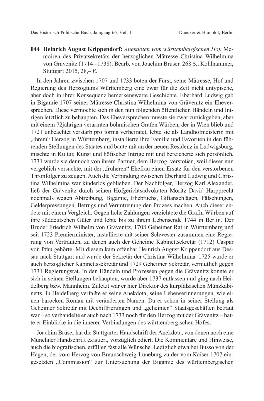Heinrich August Krippendorf: Anekdoten vom württembergischen Hof. Memoiren des Privatsekretärs der herzoglichen Mätresse Christina Wilhelmina von Grävenitz (1714 – 1738). Bearb. von Joachim Brüser