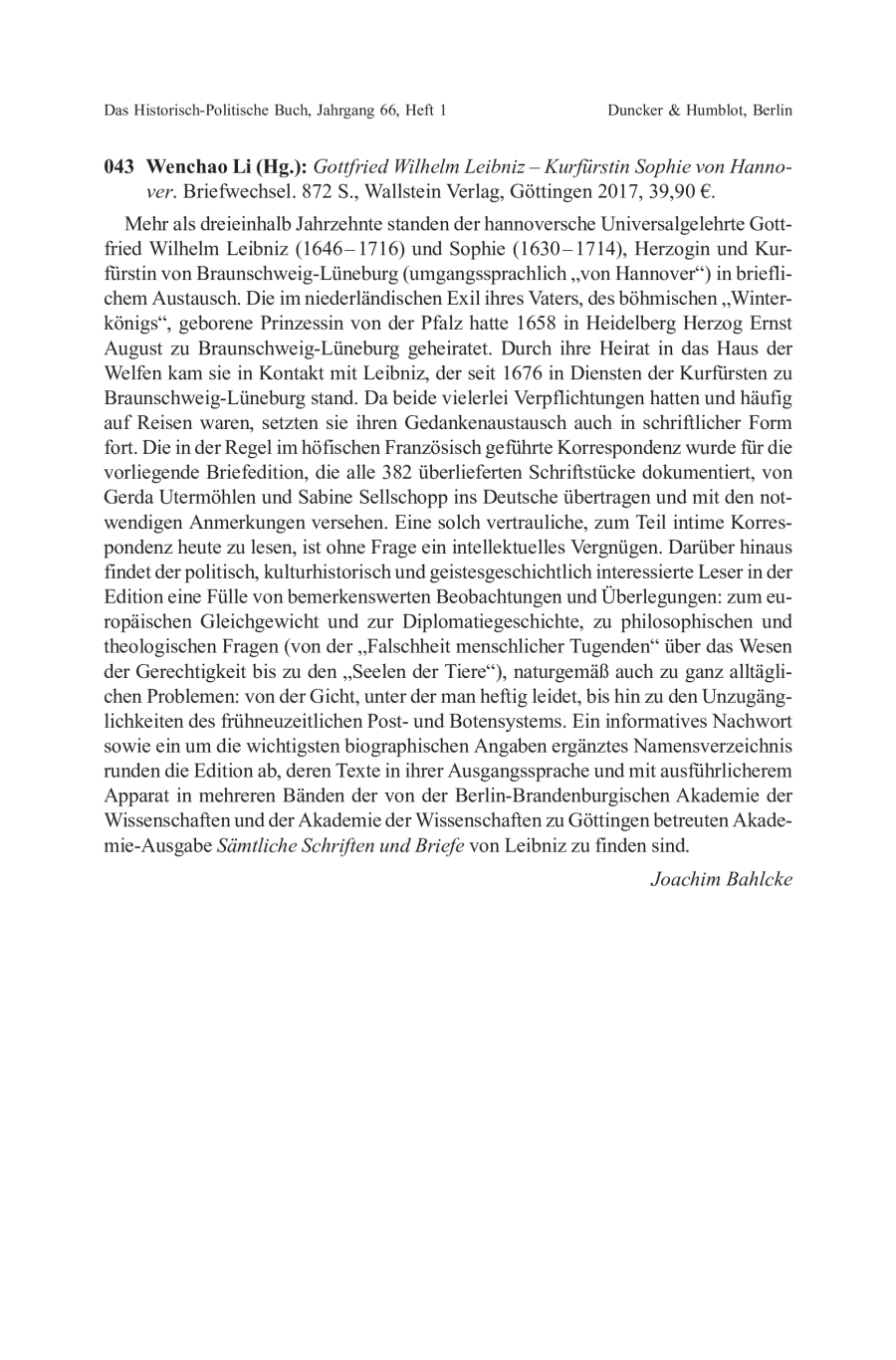 Wenchao Li (Hg.): Gottfried Wilhelm Leibniz – Kurfürstin Sophie von Hannover. Briefwechsel
