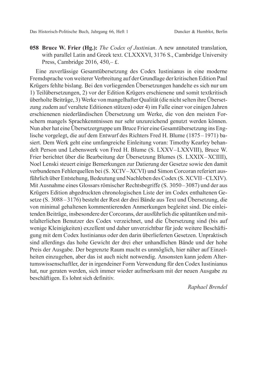 Bruce W. Frier (Hg.): The Codex of Justinian. A new annotated translation, with parallel Latin and Greek text