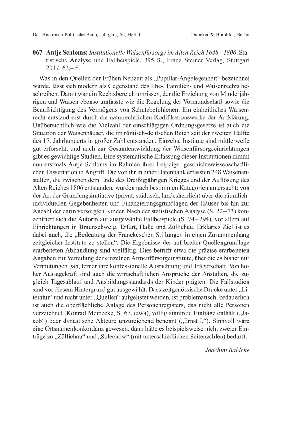 Antje Schloms: Institutionelle Waisenfürsorge im Alten Reich 1648 – 1806. Statistische Analyse und Fallbeispiele