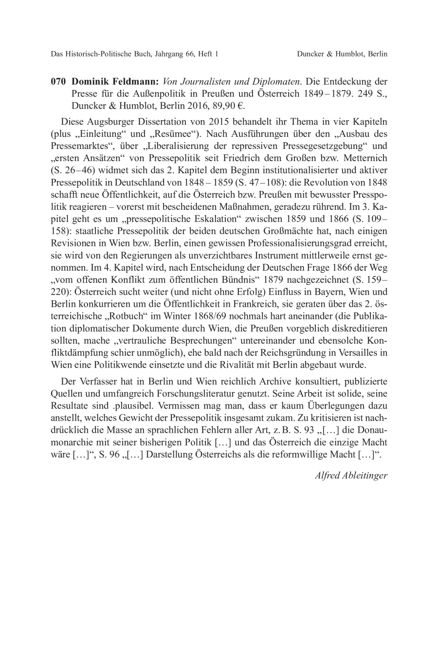 Dominik Feldmann: Von Journalisten und Diplomaten. Die Entdeckung der Presse für die Außenpolitik in Preußen und Österreich 1849 – 1879