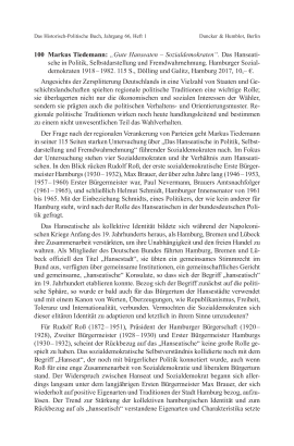 Markus Tiedemann: „Gute Hanseaten – Sozialdemokraten“. Das Hanseatische in Politik, Selbstdarstellung und Fremdwahrnehmung. Hamburger Sozialdemokraten 1918 – 1982