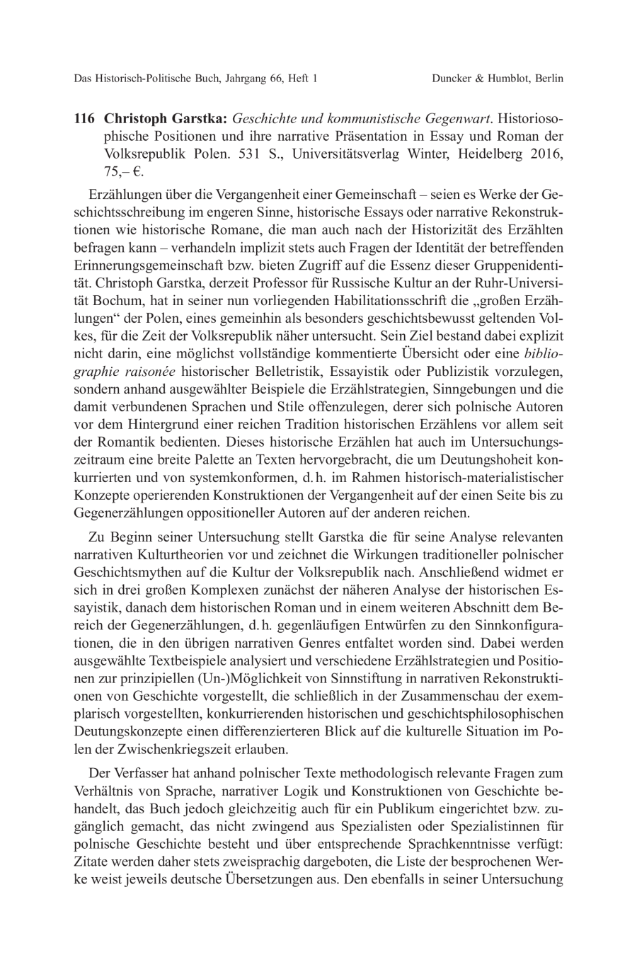 Christoph Garstka: Geschichte und kommunistische Gegenwart. Historiosophische Positionen und ihre narrative Präsentation in Essay und Roman der Volksrepublik Polen