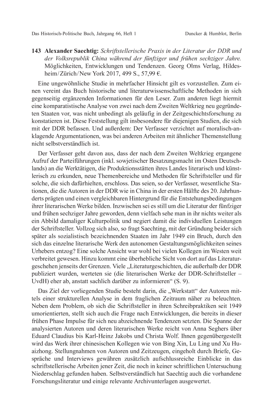 Alexander Saechtig: Schriftstellerische Praxis in der Literatur der DDR und der Volksrepublik China während der fünfziger und frühen sechziger Jahre