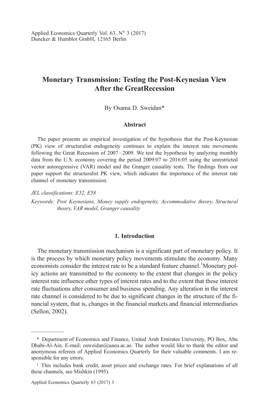 Monetary Transmission: Testing the Post-Keynesian View after the Great Recession