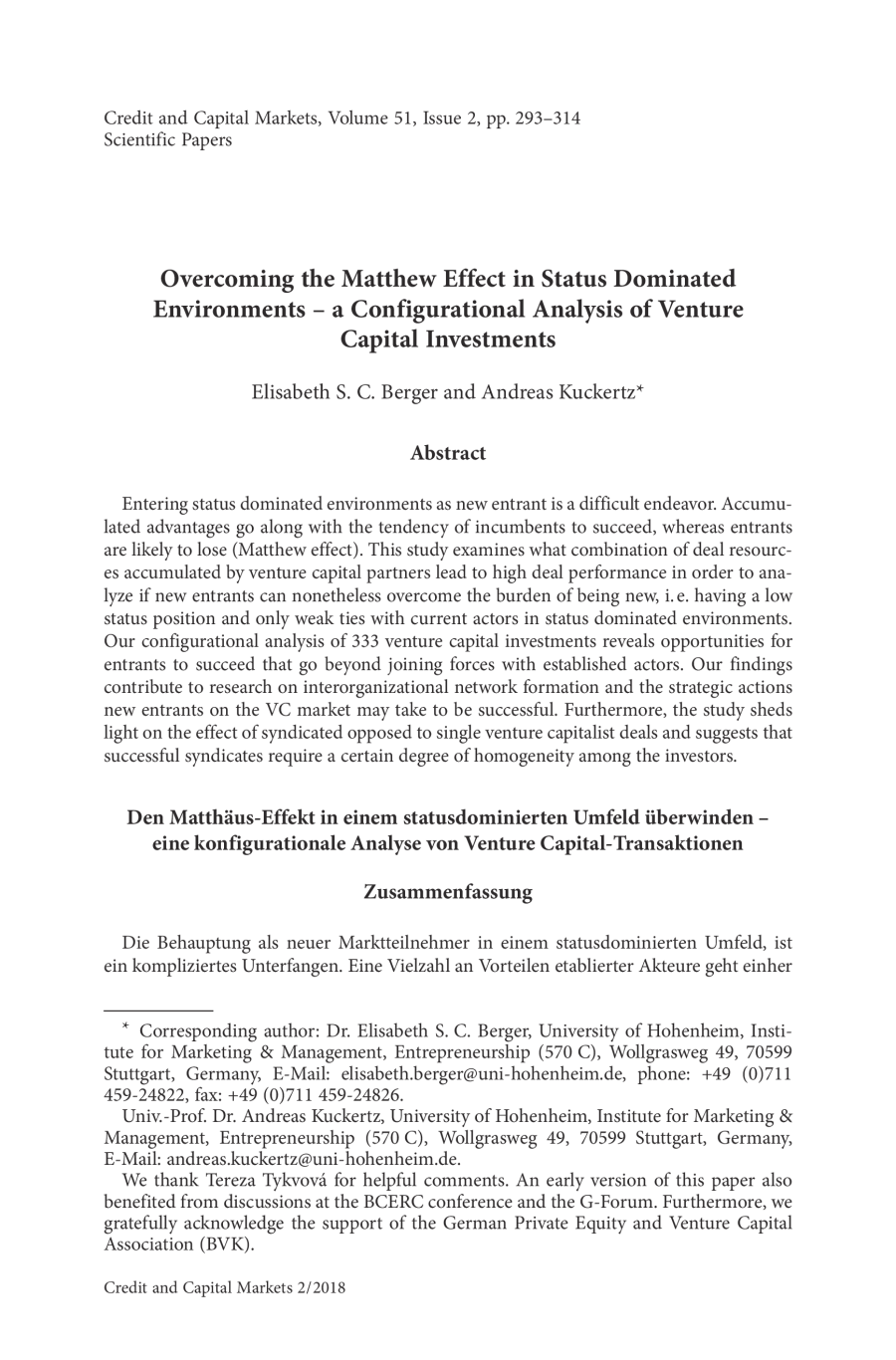 Overcoming the Matthew Effect in Status Dominated Environments – a Configurational Analysis of Venture Capital Investments