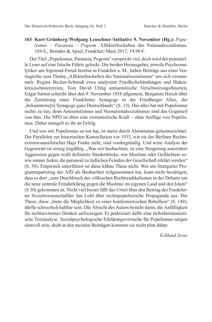 Kurt Grünberg / Wofgang Leuschner / Initiative 9. November (Hg.): Populismus
– Paranoia – Pogrom