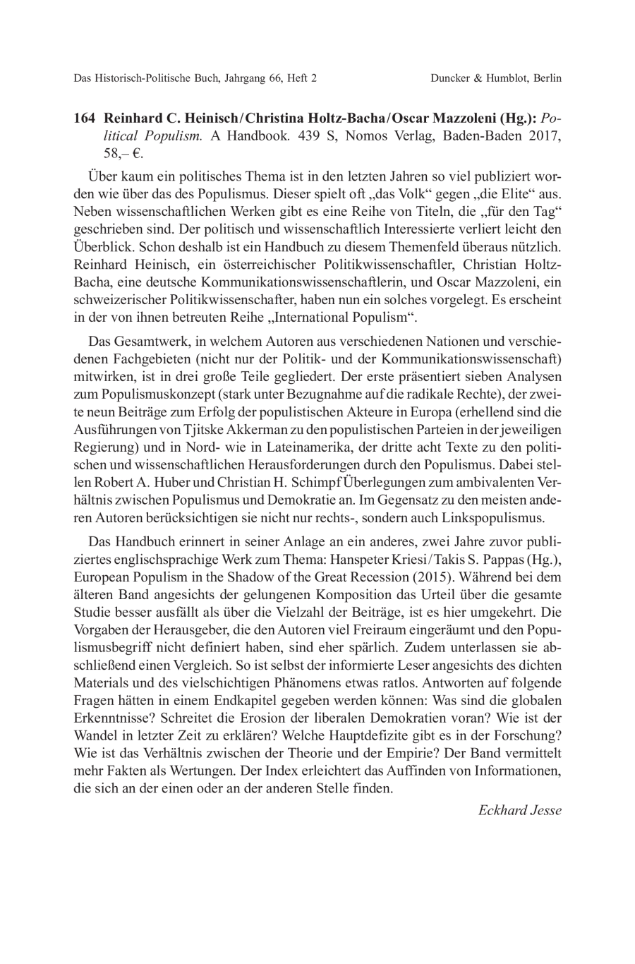 Reinhard C. Heinisch / Christina Holtz-Bacha / Oscar Mazzoleni (Hg.): Political
Populism
