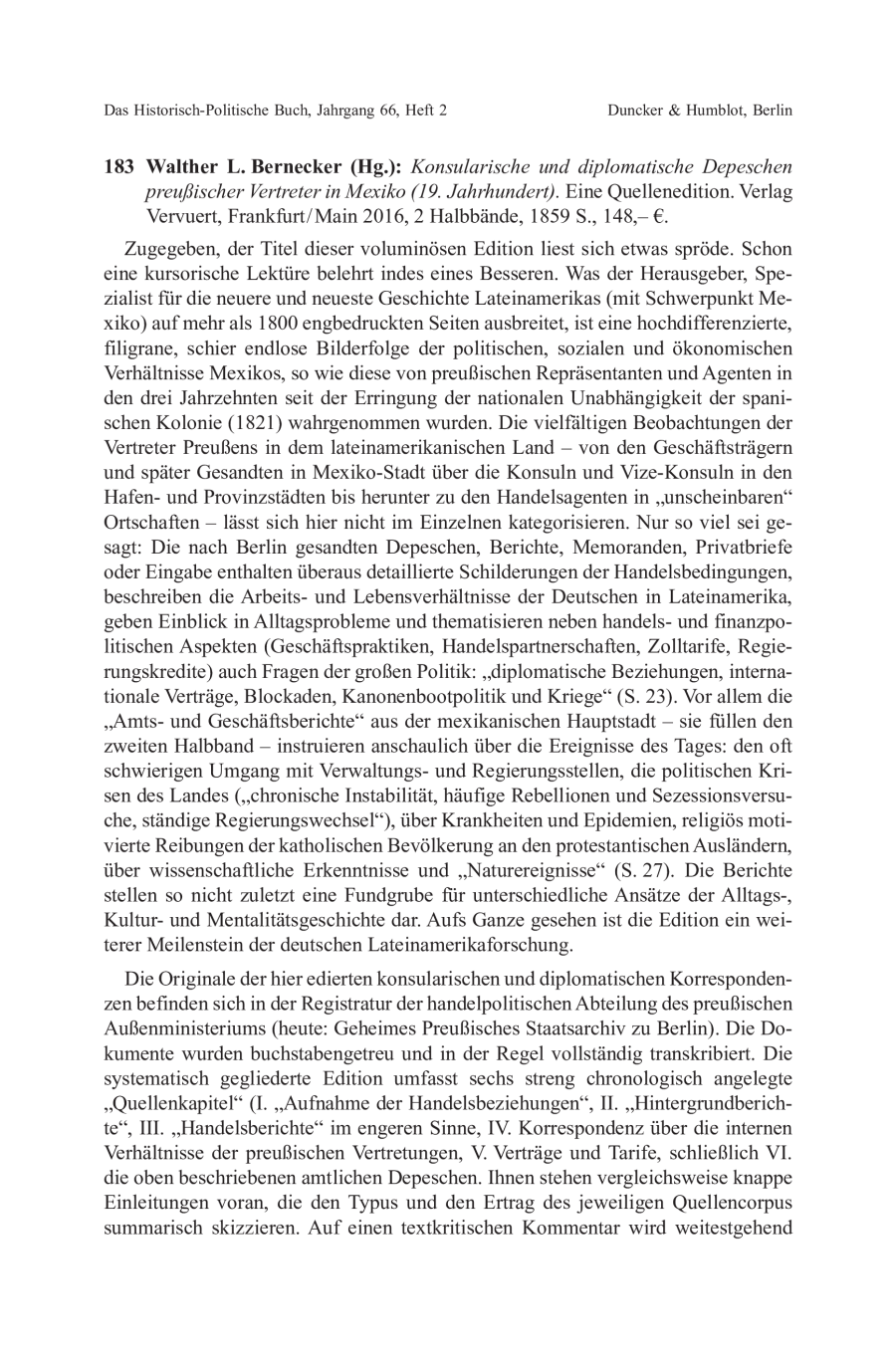 Walther L. Bernecker (Hg.): Konsularische und diplomatische Depeschen
preußischer Vertreter in Mexiko (19. Jahrhundert)