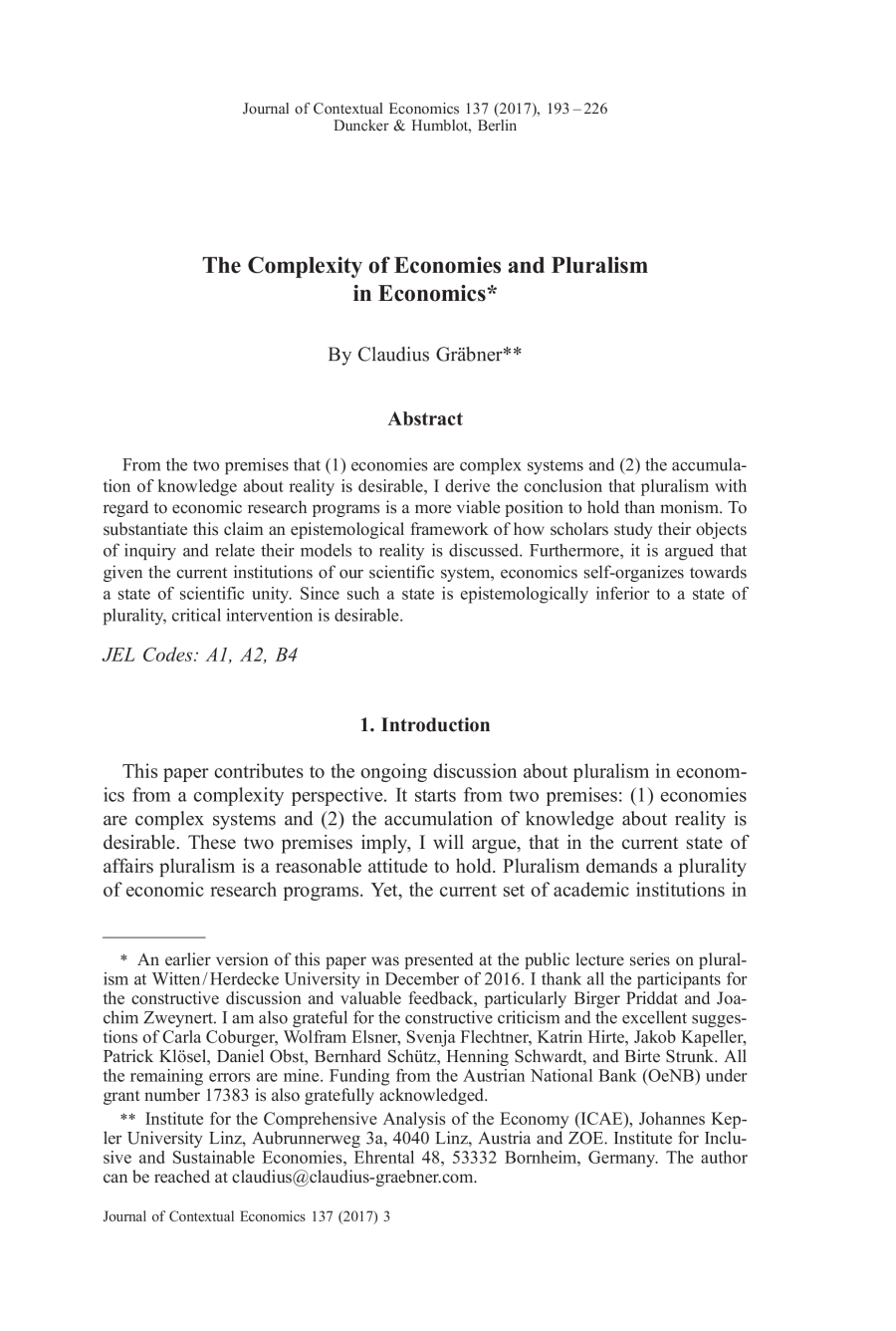 The Complexity of Economies and Pluralism in Economics