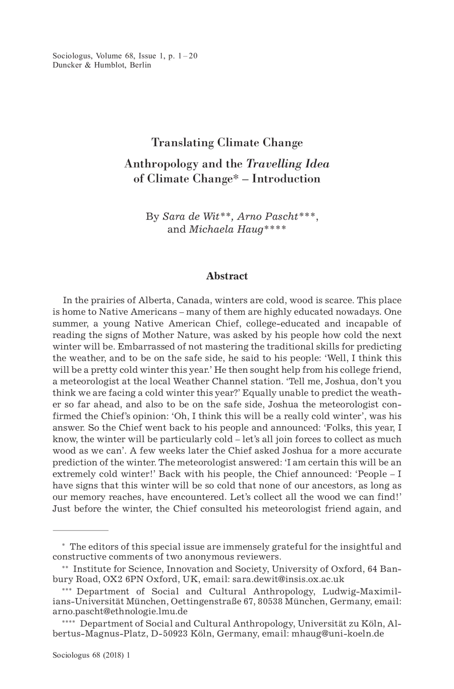Translating Climate Change. Anthropology and the Travelling Idea of Climate Change – Introduction
