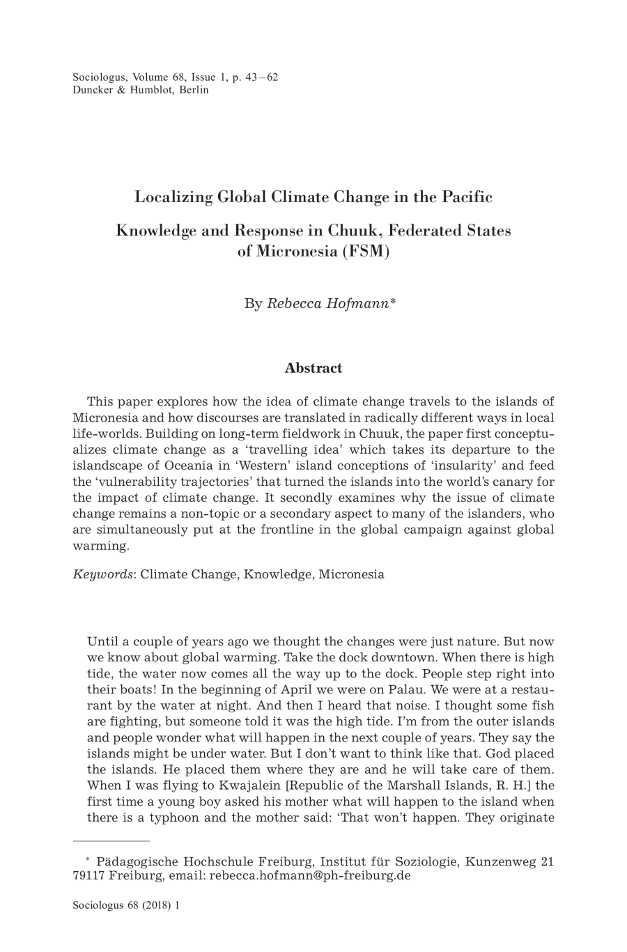 Localizing Global Climate Change in the Pacific. Knowledge and Response in Chuuk, Federated States of Micronesia (FSM)