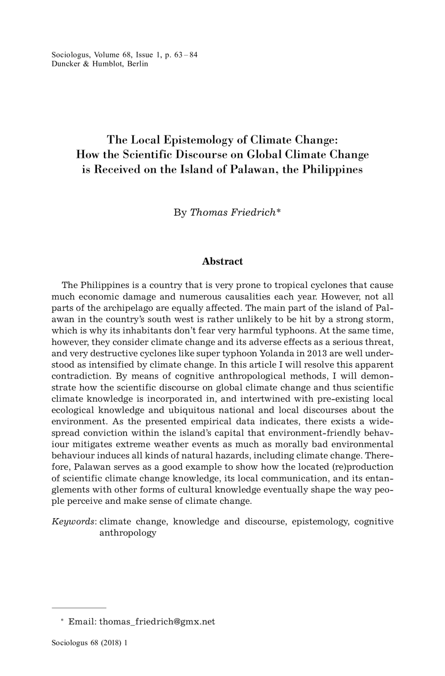 The Local Epistemology of Climate Change: How the Scientific Discourse on Global Climate Change is Received on the Island of Palawan, the Philippines