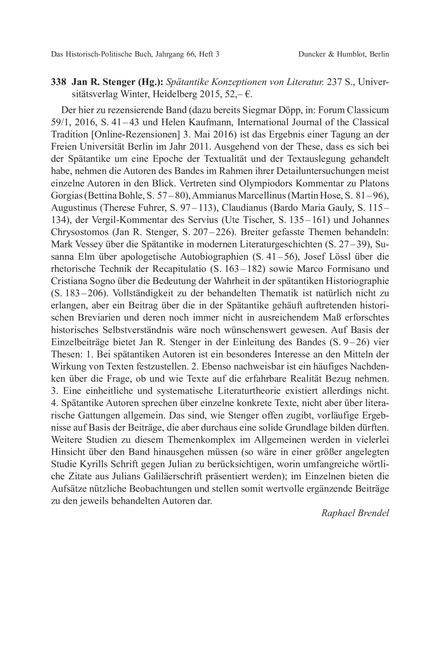 Jan R. Stenger (Hg.): Spätantike Konzeptionen von Literatur