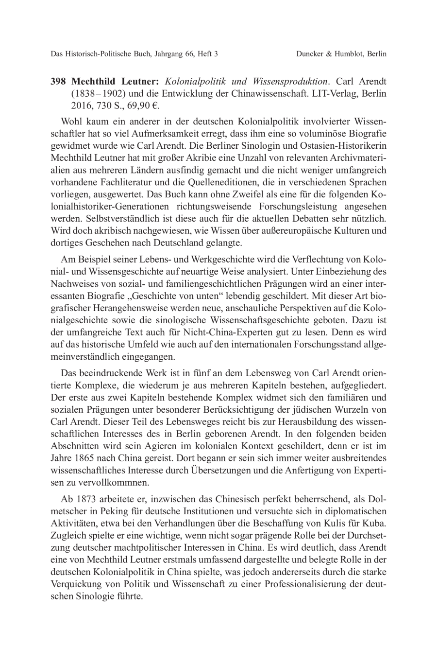 Mechthild Leutner: Kolonialpolitik und Wissensproduktion. Carl Arendt (1838 – 1902) und die Entwicklung der Chinawissenschaft