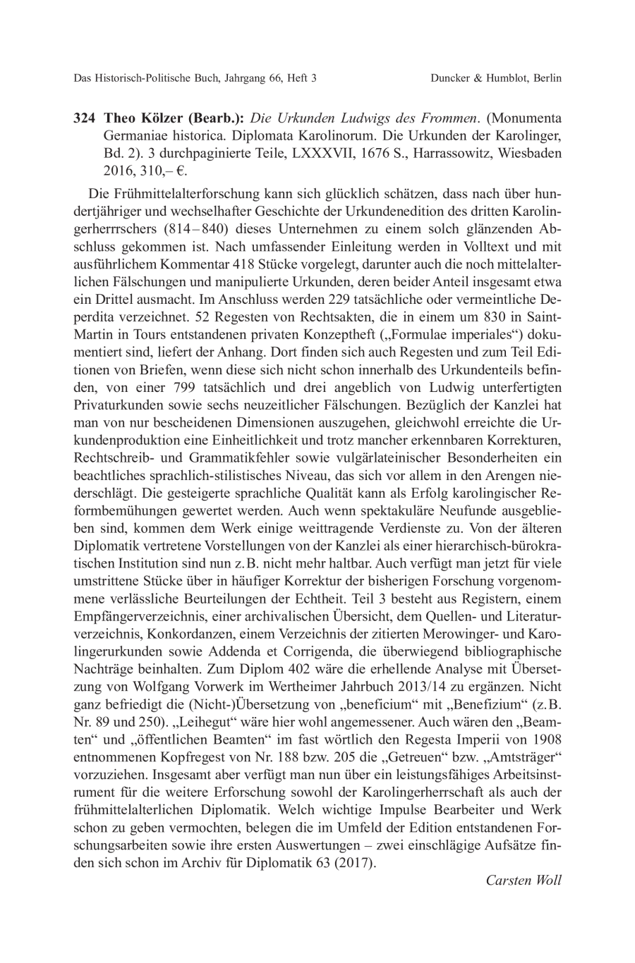 Theo Kölzer (Bearb.): Die Urkunden Ludwigs des Frommen. (Monumenta Germaniae historica. Diplomata Karolinorum. Die Urkunden der Karolinger, Bd. 2)
