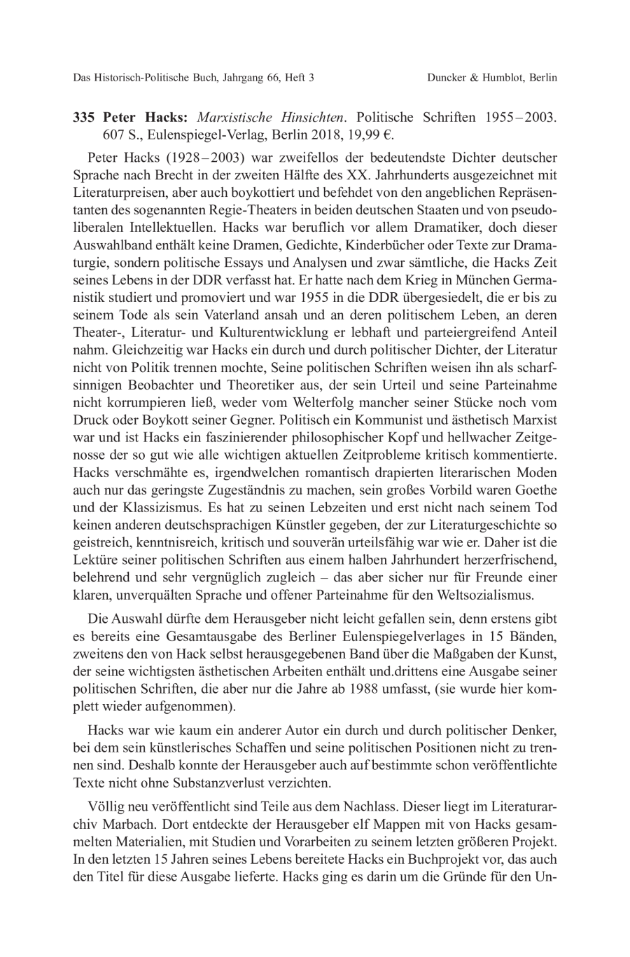 Peter Hacks: Marxistische Hinsichten. Politische Schriften 1955 – 2003
