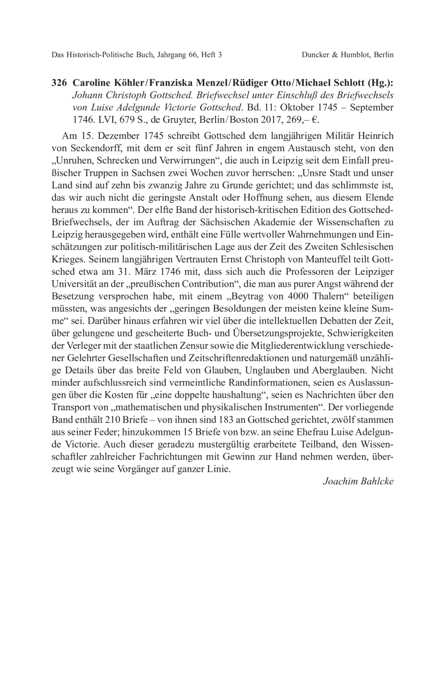 Caroline Köhler / Franziska Menzel / Rüdiger Otto / Michael Schlott (Hg.): Johann Christoph Gottsched. Briefwechsel unter Einschluß des Briefwechsels von Luise Adelgunde Victorie Gottsched. Bd. 11: Oktober 1745 – September 1746