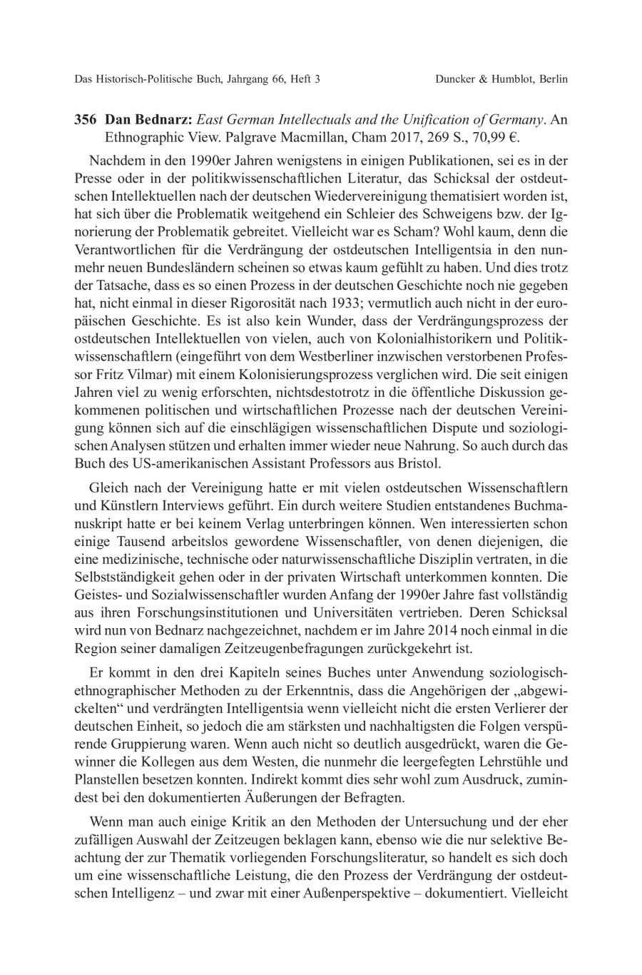 Dan Bednarz: East German Intellectuals and the Unification of Germany. An Ethnographic View