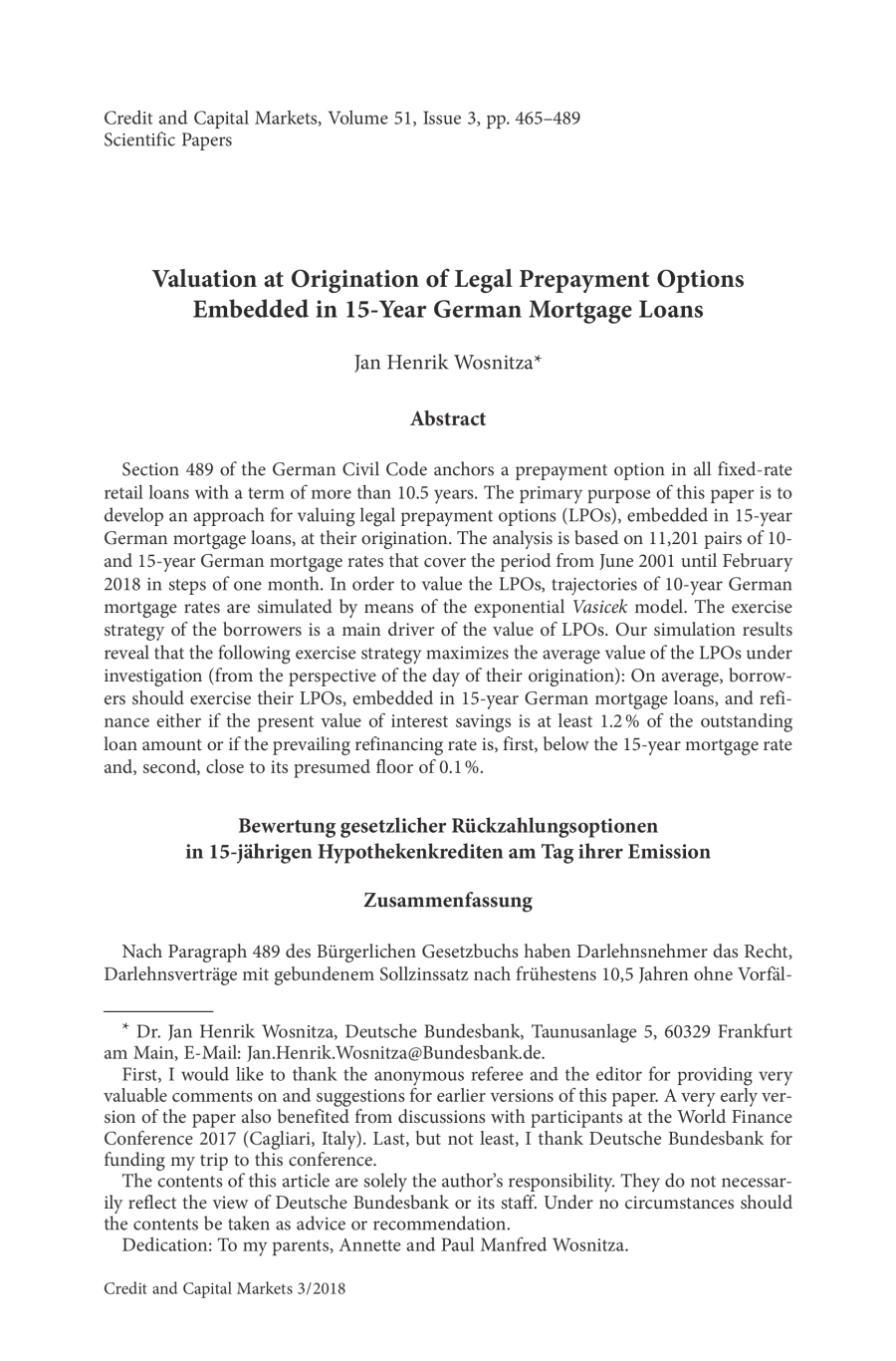 Valuation at Origination of Legal Prepayment Options Embedded in 15-Year German Mortgage Loans