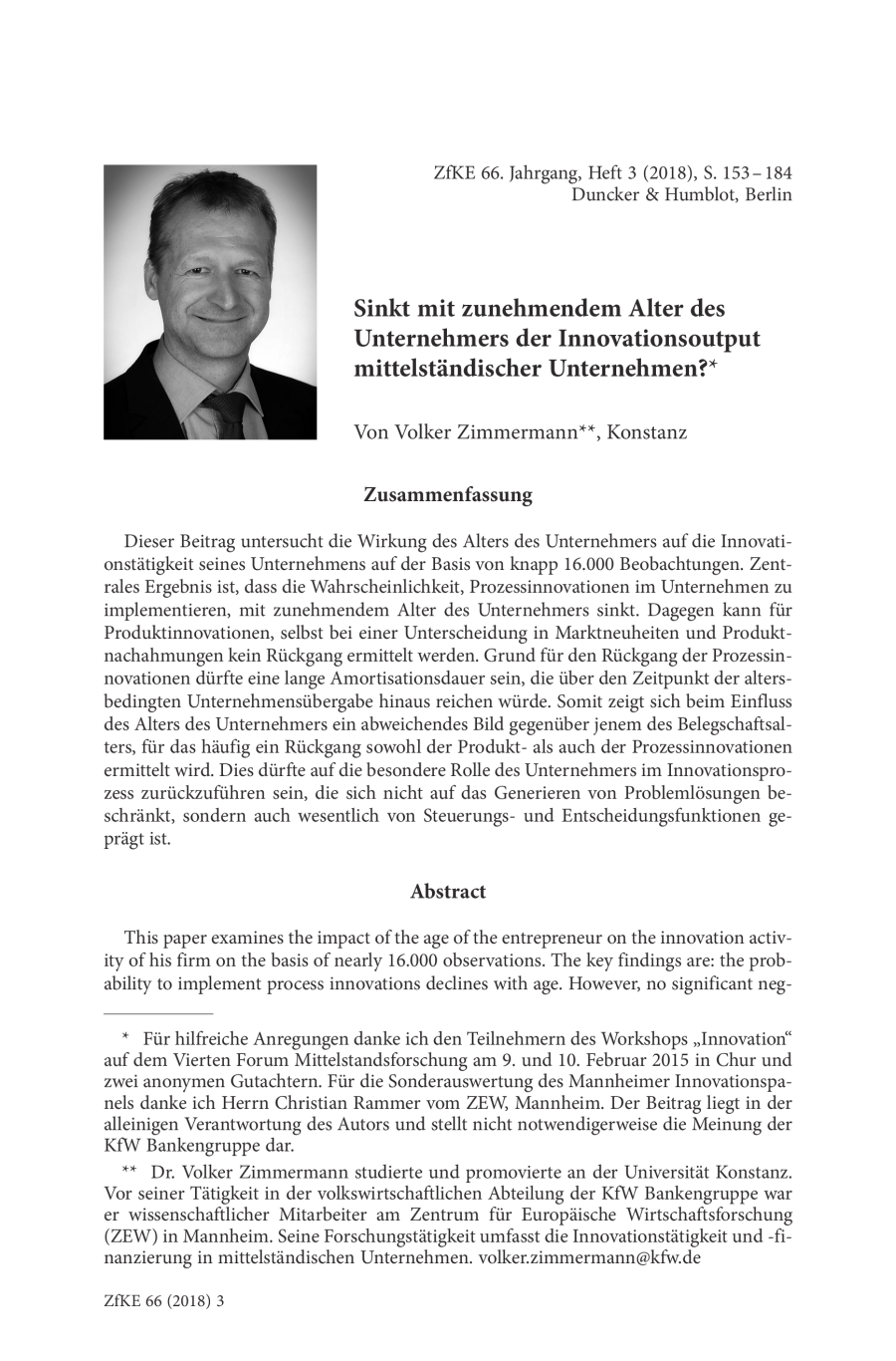 Sinkt mit zunehmendem Alter des Unternehmers der Innovationsoutput mittelständischer Unternehmen?