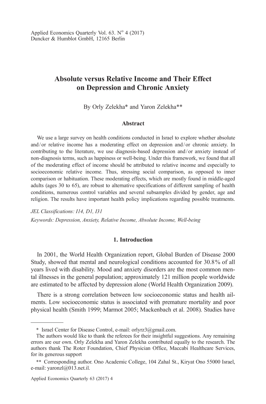Absolute versus Relative Income and Their Effect on Depression and Chronic Anxiety