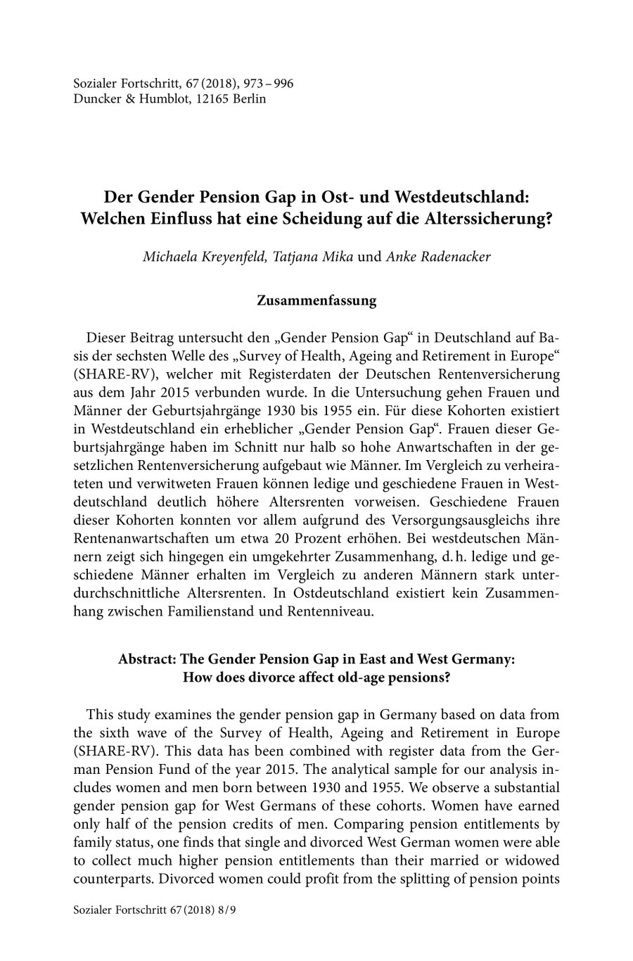 Der Gender Pension Gap in Ost- und Westdeutschland: Welchen Einfluss hat eine Scheidung auf die Alterssicherung?