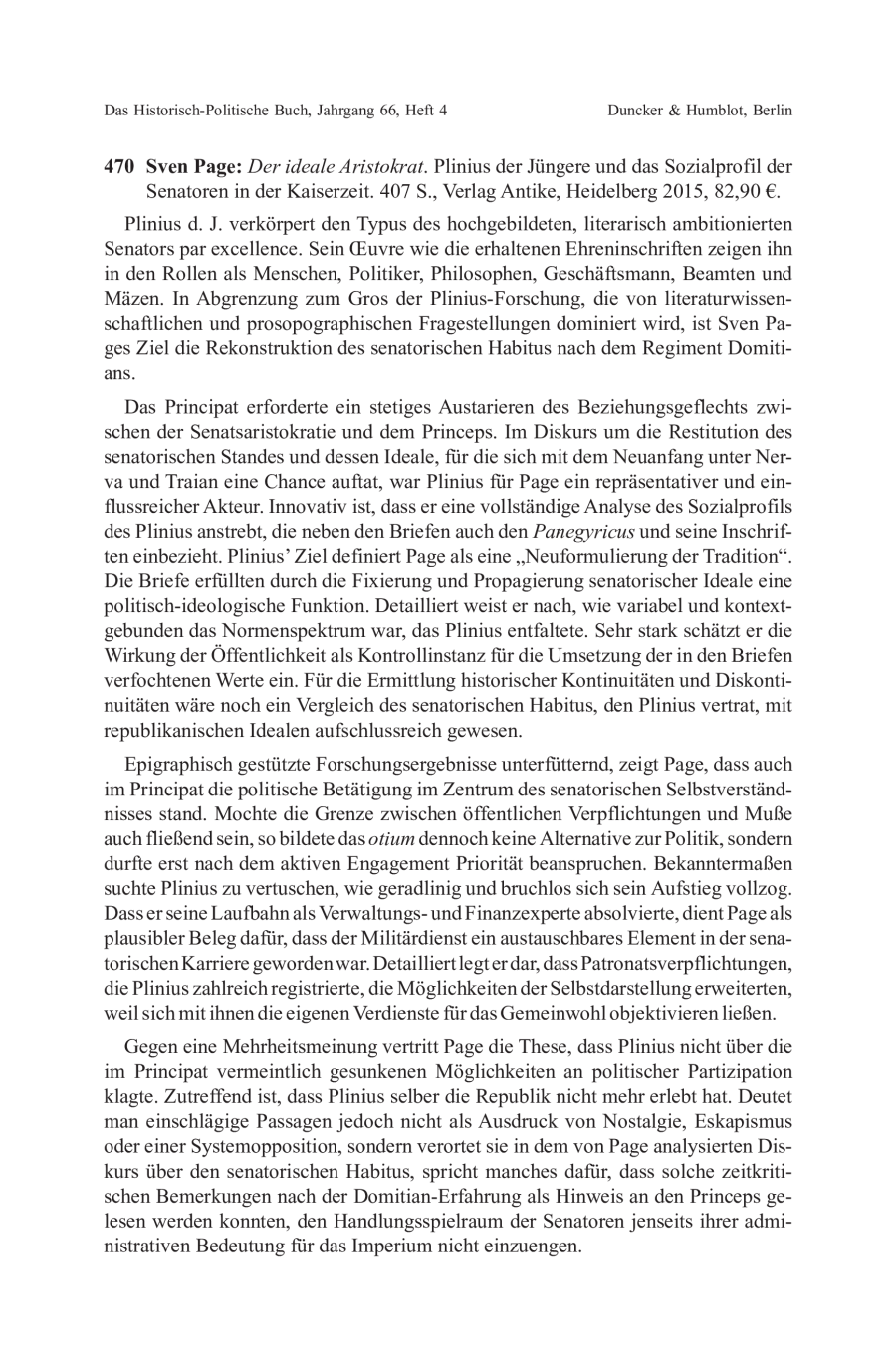Sven Page: Der ideale Aristokrat. Plinius der Jüngere und das Sozialprofil der Senatoren in der Kaiserzeit