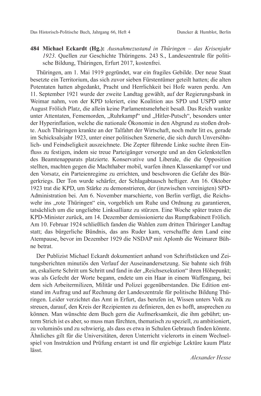 Michael Eckardt (Hg.): Ausnahmezustand in Thüringen – das Krisenjahr 1923. Quellen zur Geschichte Thüringens
