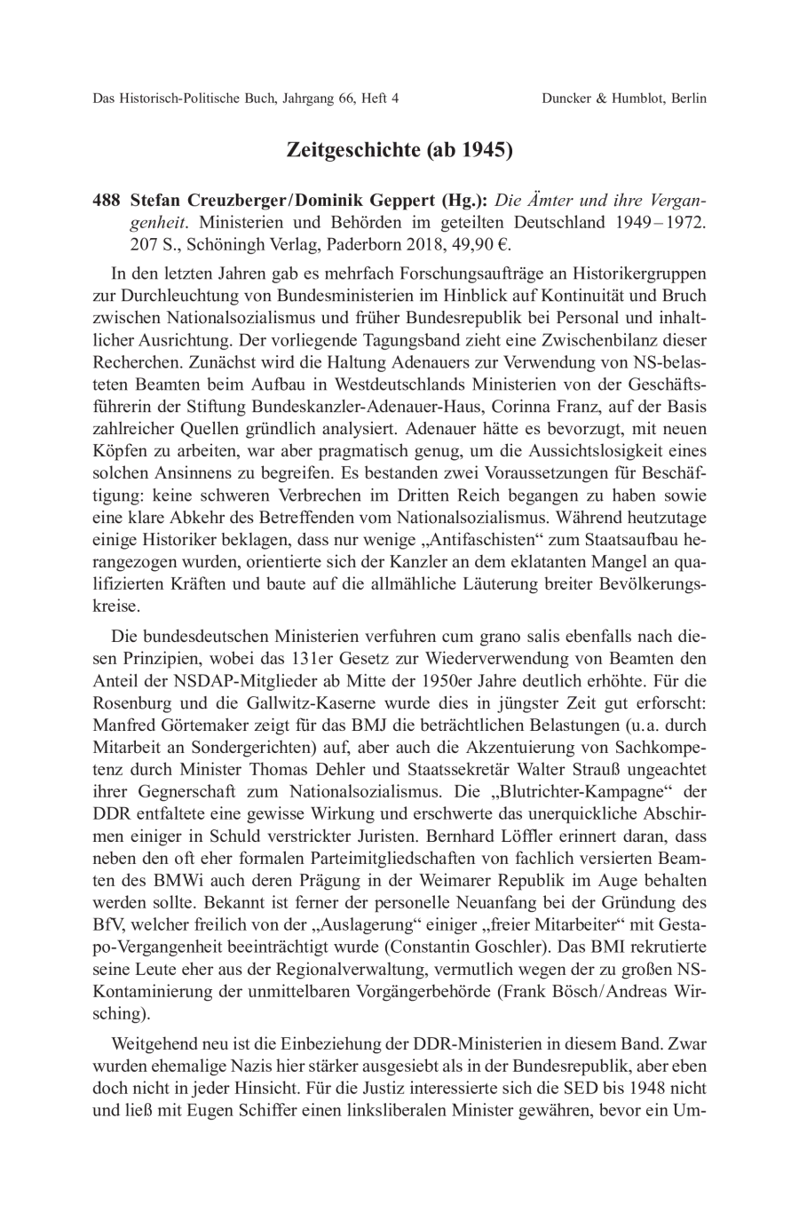 Stefan Creuzberger / Dominik Geppert (Hg.): Die Ämter und ihre Vergangenheit. Ministerien und Behörden im geteilten Deutschland 1949 – 1972